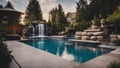 swimming pool at night Residential inground swimming pool in backyard with waterfall and hot tub Royalty Free Stock Photo