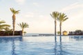 Swimming pool with palm tree and view of the ocean in a resort Royalty Free Stock Photo