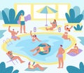 Swimming pool party. Friends relax together at summer club, drinking, reading and swimming. People play, kicky teens