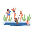 Swimming Pool Party, Happy Girls Having Fun Outdoors Enjoying Summer Vacation Cartoon Style Vector Illustration on White Royalty Free Stock Photo