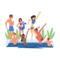 Swimming Pool Party, Happy Young Men and Women Having Fun Outdoors Enjoying Summer Vacation Cartoon Style Vector Royalty Free Stock Photo