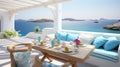 Interior of a luxurious Mediterranean-style patio overlooking the sea and islands.