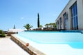 The swimming pool and restaurant's terrace at luxury hotel Royalty Free Stock Photo