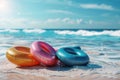 Swimming Pool Ring Float in on beach. summer vacation concept. Generative AI Royalty Free Stock Photo