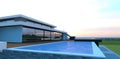 Swimming pool on the roof of a luxury home. Blue water reflects the sunset. Terrace board flooring. 3d render Royalty Free Stock Photo