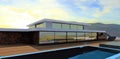 Swimming pool on the roof of a modern country house. Large mirrored windows. Terrace board covering. Stormy sunset. 3d render
