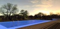 Swimming pool on the roof wooden terrace of a country house. Blue LED illumination. The stars are shining in the night sky. 3d Royalty Free Stock Photo