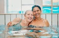 Swimming pool and senior women in portrait for holiday summer, vacation and having fun together with love, hug and happy Royalty Free Stock Photo