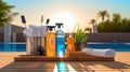 Swimming pool service and equipment with chemical cleaning products and tools on wood table and Royalty Free Stock Photo