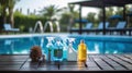 Swimming pool service and equipment with chemical cleaning products and tools on wood table and Royalty Free Stock Photo