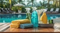 Swimming pool service and equipment with chemical cleaning products and tools on wood table and Royalty Free Stock Photo