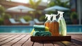 Swimming pool service and equipment with chemical cleaning products and tools on wood table and Royalty Free Stock Photo