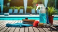 Swimming pool service and equipment with chemical cleaning products and tools on wood table and Royalty Free Stock Photo