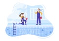 Swimming Pool Service Worker with Broom, Vacuum Cleaner or Net for Maintenance and Cleaning of Dirt in Flat Cartoon Illustration