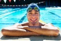 Swimming pool, smile and portrait of sports man relax after exercise, outdoor workout or practice. Activity, wellness Royalty Free Stock Photo