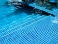 Swimming pool steps with clear water surface background, nobody. Abstract pool texture, underwater pattern blue background. Royalty Free Stock Photo