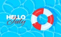 Hello july banner with swimming pool summer background and lifebuoy. Royalty Free Stock Photo