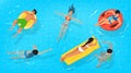 Swimming pool. Summer beach. People relaxing in water. Woman in bikini. Man sunbathing on inflatable mattress. Top view Royalty Free Stock Photo