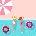 Swimming pool. Summer, holiday background design with pool, umbrella and swimmer girls, round floating rings