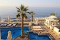 Swimming pool on summer sea resort, Crete, Greece. Royalty Free Stock Photo