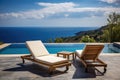 Swimming pool with sun loungers on the background of the sea, Two Deck Chair on Terrace with Pool and Stunning Sea View, AI