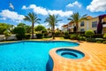 Swimming pool, sun-loungers and palm trees during a warm sunny day, paradise destination for vacations. Backyard swimming pool