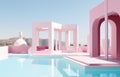 Swimming pool on sunny day. Summer minimalist architecture background. Created with generative Ai