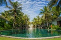 Swimming pool surround with coconut tree and bangalows at seaside resort Royalty Free Stock Photo