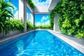 A swimming pool surrounded by plants and trees Royalty Free Stock Photo