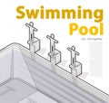 Swimming pool with swimmers, isometric. Sportsmen on springboard prepare swim.