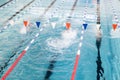 Swimming pool for swimming competitions. Empty Paths of a competitive swimming pool. Active swimming lessons.