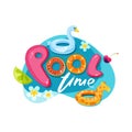 Swimming pool time letters. Vector label, sticker or print design. Swan and giraffe float kids toys. Doodle illustration