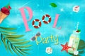 Swimming pool top view background. Overhead view. Pool party poster with inflatable balls , float Flamingo,