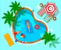 Swimming pool top view with human characters during leisure flat composition on tiled blue background vector illustration Royalty Free Stock Photo