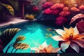 Swimming pool with tropical flowers. Summer seasonal design for relax, spa and wellness. Tourist resort concept. AI Generative Royalty Free Stock Photo