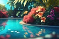 Swimming pool with tropical flowers. Summer seasonal design for relax, spa and wellness. Tourist resort concept. AI Generative Royalty Free Stock Photo