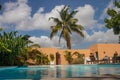 Swimming pool in tropical paradise with palm trees around and crystal clear blue water, perfect touristic destination Royalty Free Stock Photo