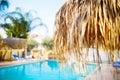 Swimming pool under the straw umbrella