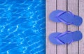 Swimming pool, wooden deck and blue beach shoes