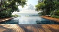 Swimming pool with wooden deck in luxury resort hotel house with ocean view.Macro.AI Generative Royalty Free Stock Photo