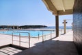 Swimming pools of luxury holiday hotel, amazing nature view landscape sea. Relax near two swimming pools with handrail. Royalty Free Stock Photo