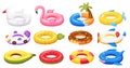 Swimming ring. Inflatable pool accessories, floating rubber toys watermelon, pineapple, donut, flamingo. Cartoon summer