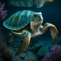 Swimming sea turtle atop coral reef. Generative AI Royalty Free Stock Photo