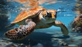 A swimming sea turtle in the underwater reef, surrounded by colorful fish generated by AI Royalty Free Stock Photo