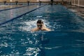 Swimming sports athlete swimmer swims in the pool, preparing for the race. Professional men& x27;s water sports for adults Royalty Free Stock Photo