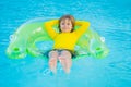 Swimming, summer vacation. Cute child playing in blue water. Kid enjoying summer vacation in water in the swimming pool