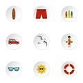 Swimming on surfboard icons set, flat style