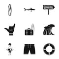 Swimming on surfboard icons set, simple style