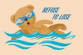 Swimming teddy bear in the pool, Olympic sport. Logo, icon with the slogan Refuse to lose. Vintage vector illustration