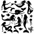 Swimming underwater mermaid black vector silhouettes Royalty Free Stock Photo